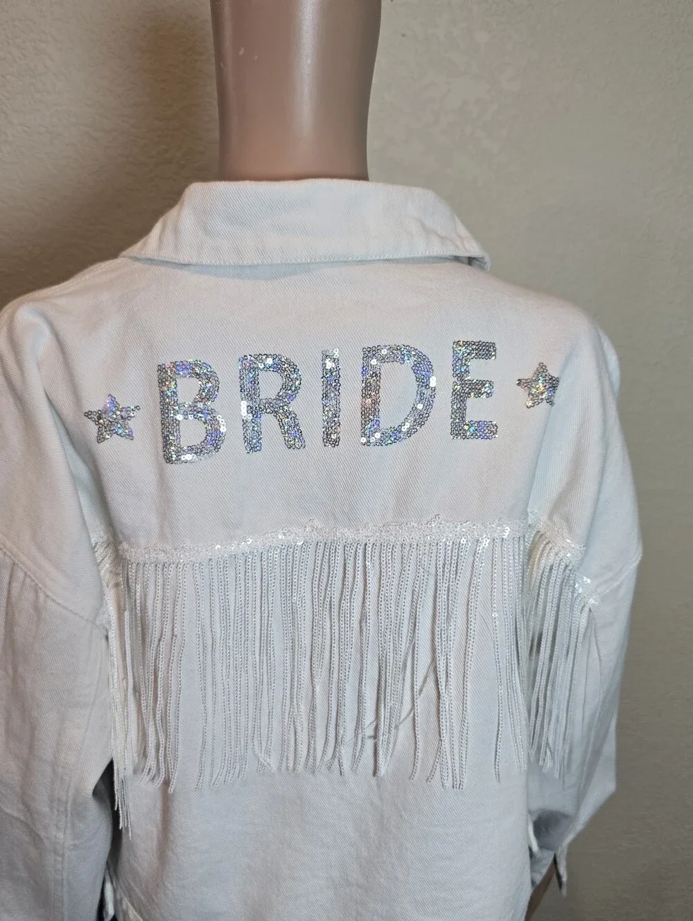 Altar'd State White Fringe 'BRIDE' Denim Jacket - Picture 2 of 12